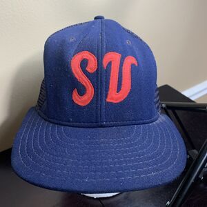 VTG SV Letter Logo Initials Snapback Hat Mesh Trucker Cap Letterman Blue Large L